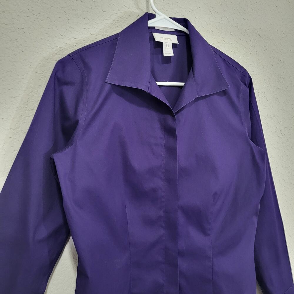 Button Down Shirt Chicos 0 Women Small 4 Purple Long Sleeve Cotton Tunic Length - Picture 8 of 11